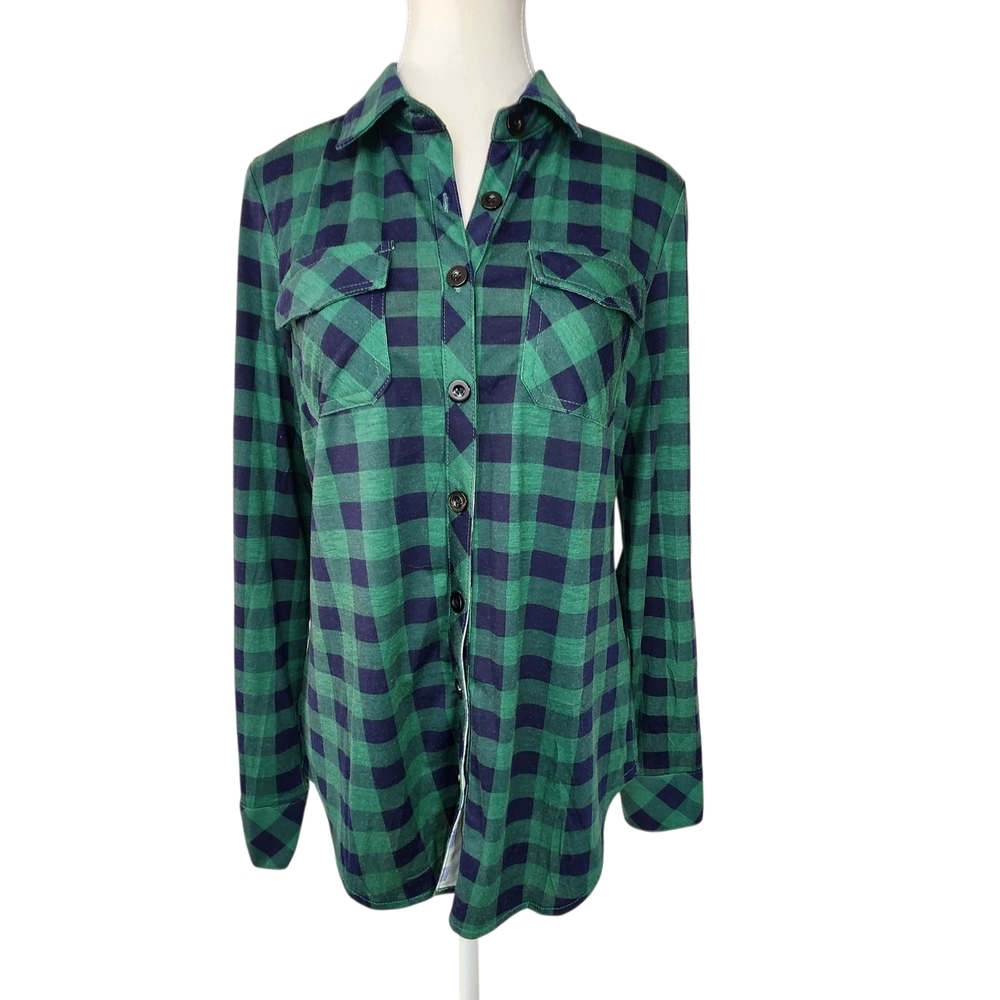 Womens DJT Soft Stretchy Green and Blue Plaid Button-Up Shirt Roll Up Sleeve M